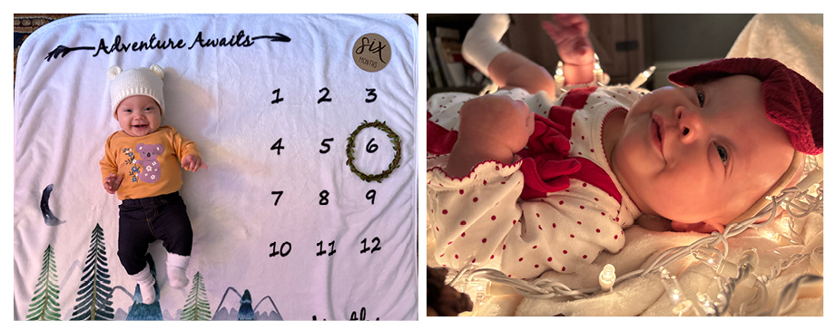 Baby laying on a blanket that indicates she is 6 month sold; close up picture of baby with red bow on here head and a red holiday outfit