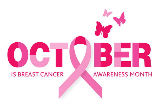 “October is Breast Cancer Awareness Month” with pink butterflies 