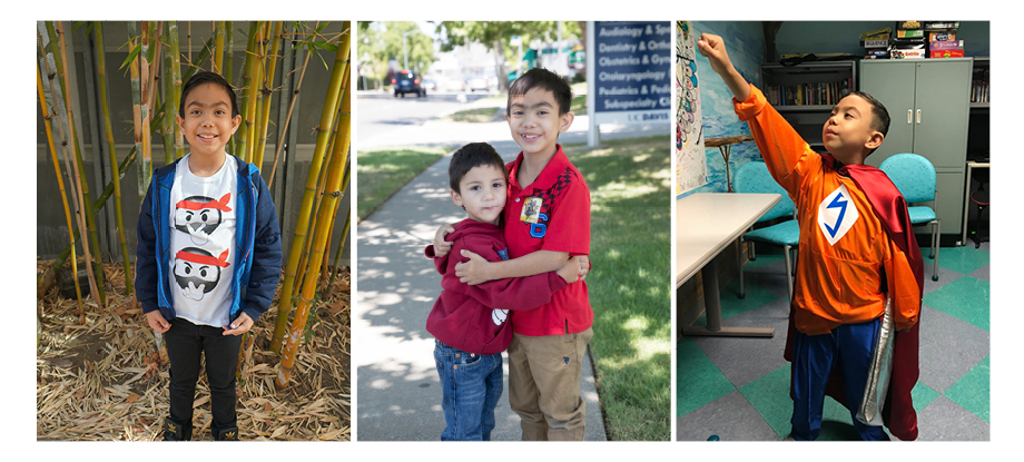 Three images: Hispanic boy in front of bamboo; hugging his brother; and in a superhero costume. 
