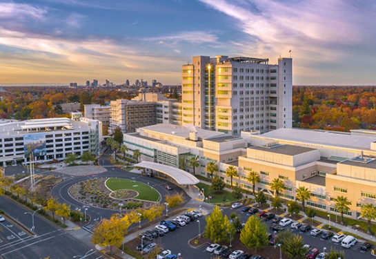 Overhead view of UC Davis Medical Center at sunset