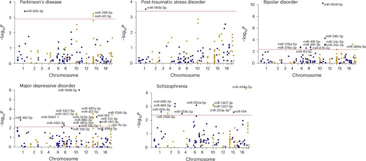  Graphs show microRNA associated with Parkinson&rsquo;s disease, post-traumatic stress disorder, bipolar disorder and other conditions.