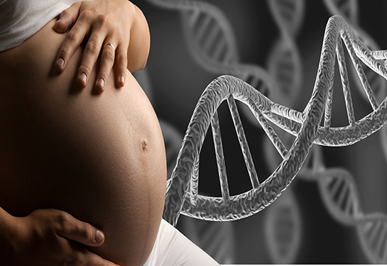 Pregnant woman holding belly with DNA strand background
