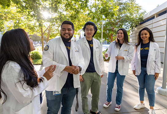 Five medical students in white lab coats and jeans converse outside the Education Building at UC Davis School of Medicine