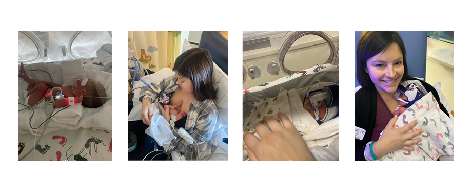 Four individual photos of preemie babies who are quadruplets